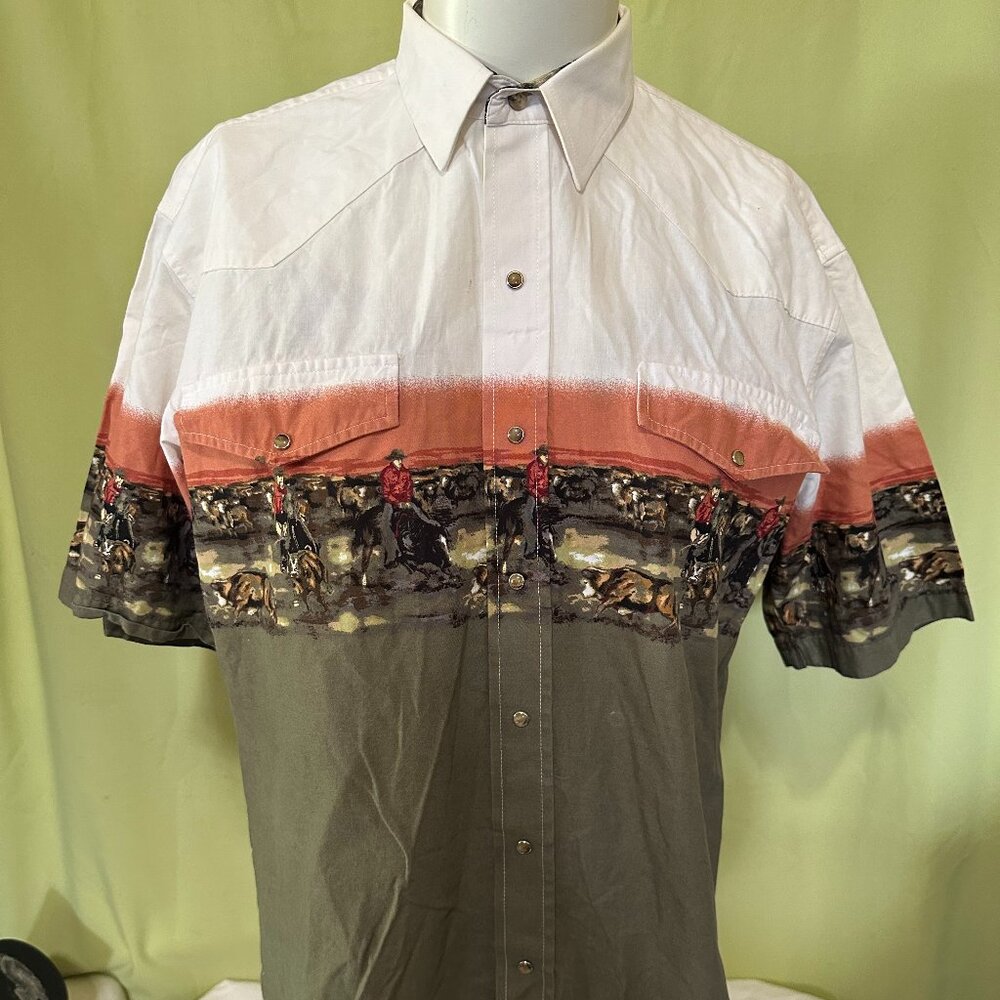 Roper Cowboy Design Men's White Snap Button Front SS Shirt Medium Cotton